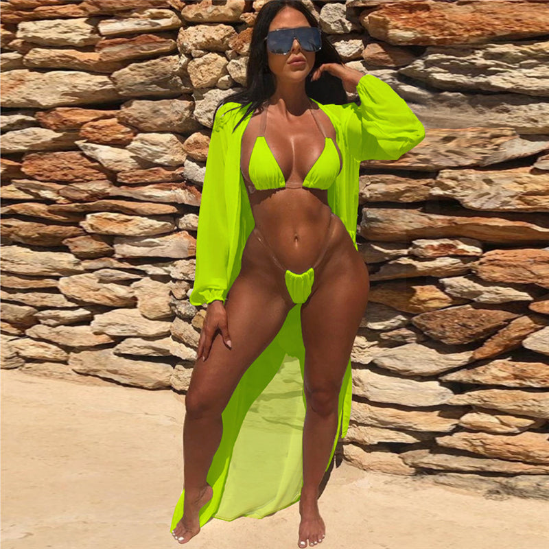 pure color sexy two-piece bikinis long-sleeved blouse