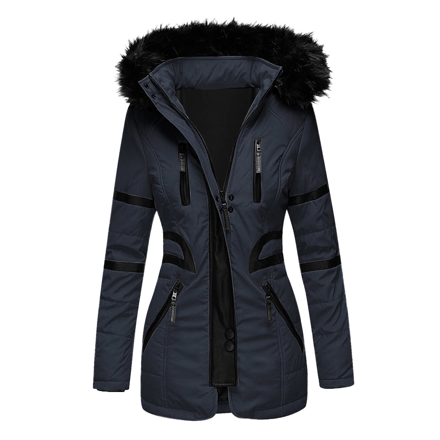 Contrasting color big fur collar cotton coat women