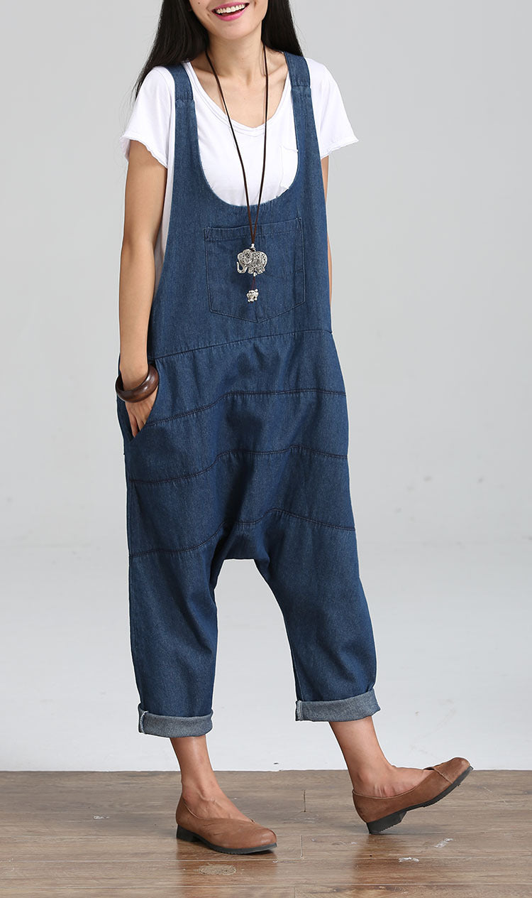 Vintage Women Jumpsuits Palazzo Pants Denim Jumpsuit Harem Pants Straps Pockets Jumpsuits Casual Pants Jumpsuit