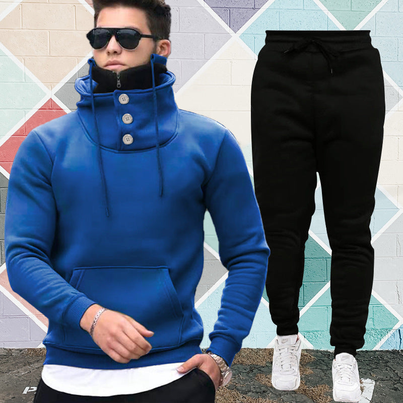 Hooded Pullover High Collar Double Collar Plush Casual Sports Sweater Suit For Men