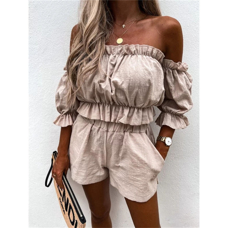 Women Wrapped Chest Short Style Top Shorts One Line Shoulder Two-piece Set