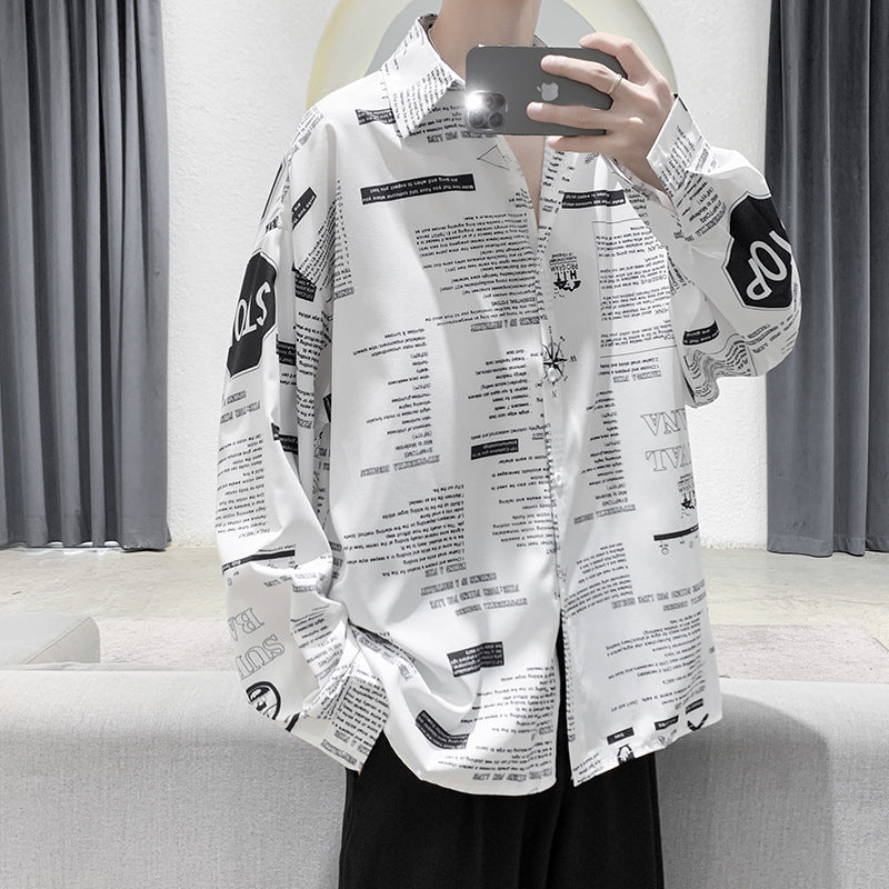 Fashion Drapey Ice Silk Print Teenage Long-sleeved Shirt For Men