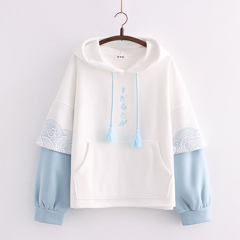 Embroidered Sleeves Wave Print Contrast Color And Velvet Padded Pullover Sweater Women