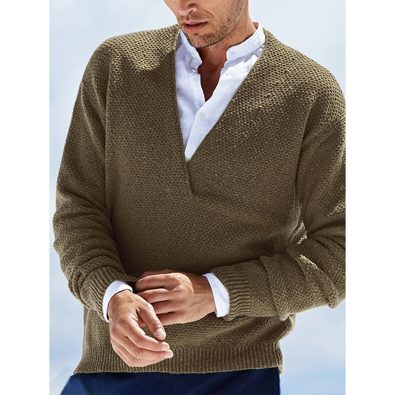 Solid Color Long-sleeved V-neck Knitted Men's Sweater