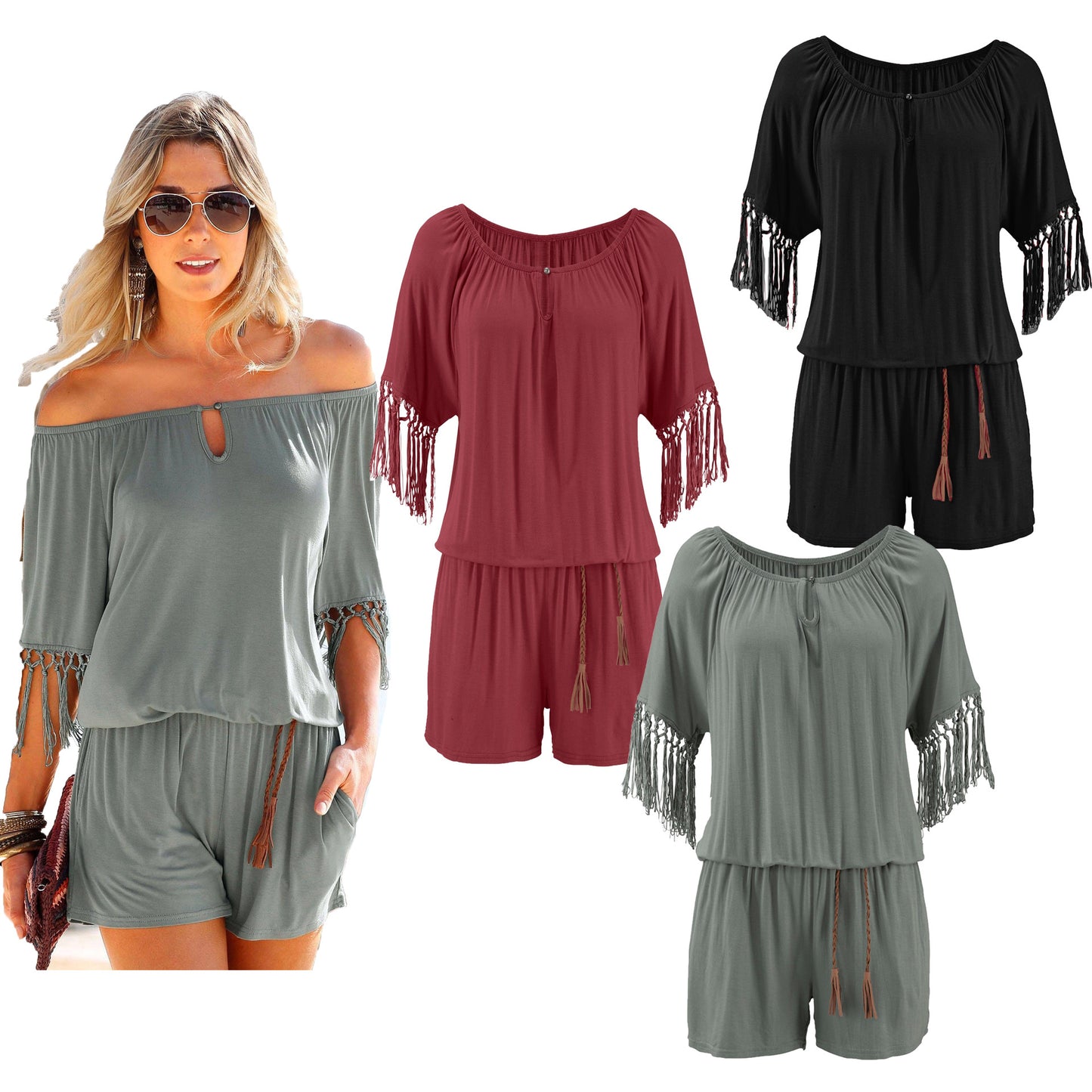 Summer wear word collar shirt tassels jumpsuits cool