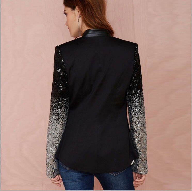 Long Sleeve Lapel Fashion Silver Black Sequin Elegant Slim Work Blazers Suit feminino