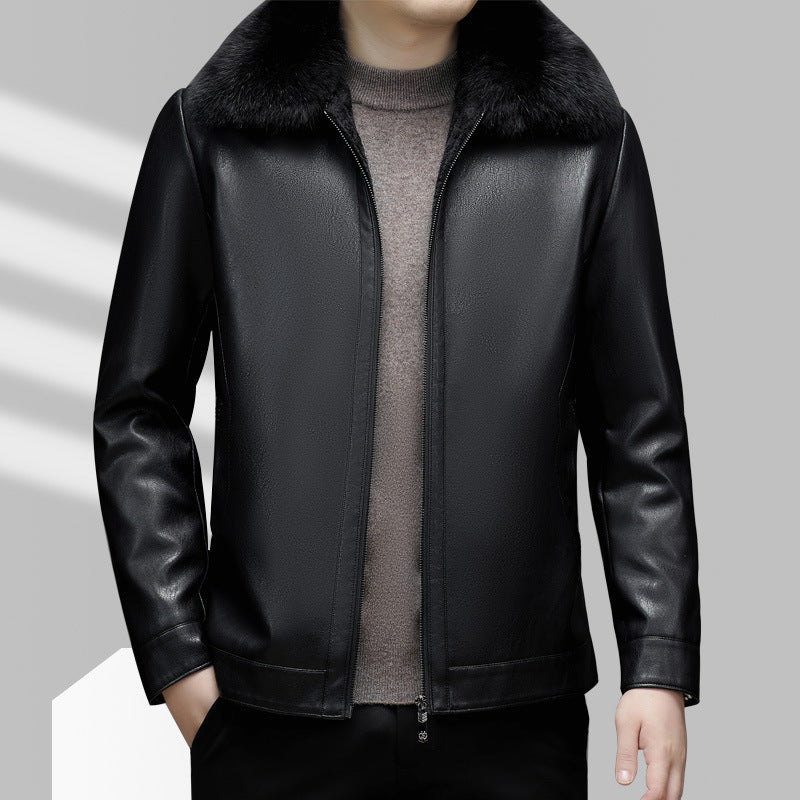 Business Casual Big Fur Collar Men's Leather Coat