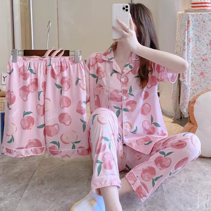 Fruit Pajamas Women's Summer Thin Short-sleeved Trousers Milk Silk Cute Loungewear Three-piece Suit