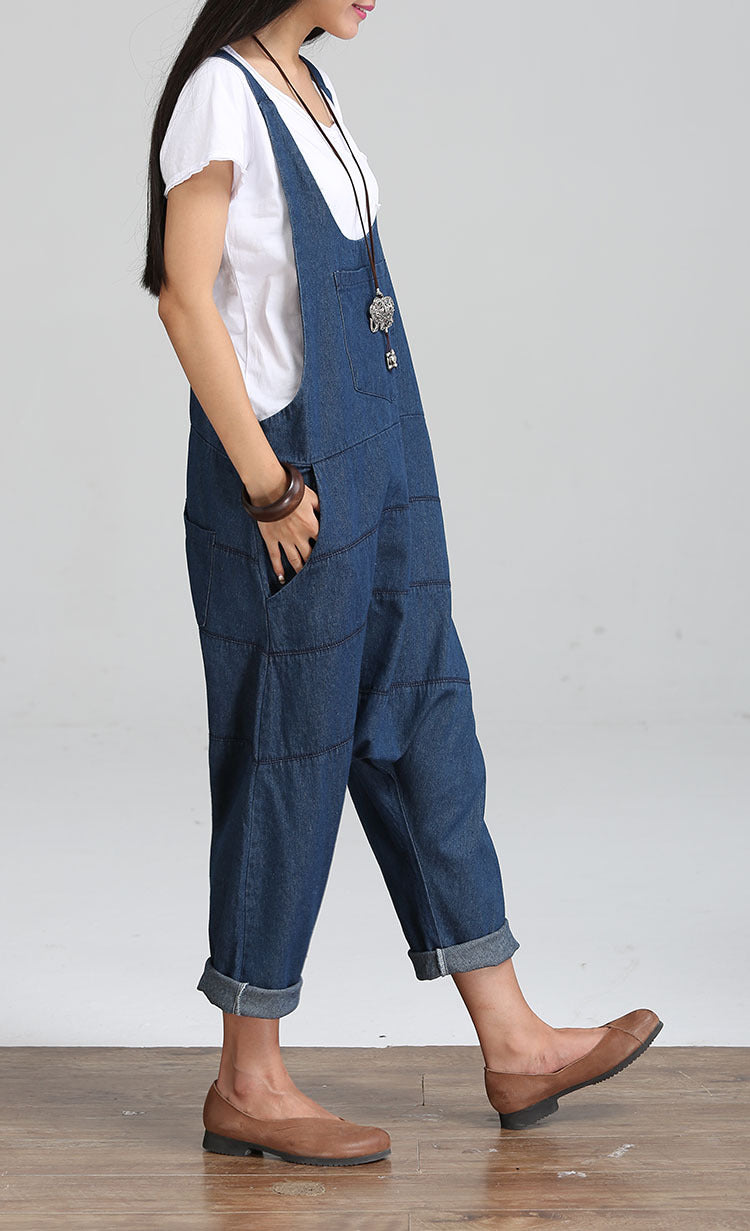 Vintage Women Jumpsuits Palazzo Pants Denim Jumpsuit Harem Pants Straps Pockets Jumpsuits Casual Pants Jumpsuit