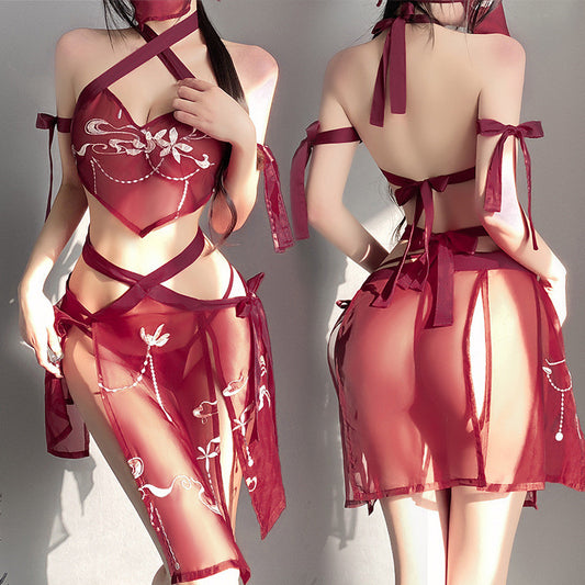 Chinese Ancient Style Sexy Lingerie Halter See-through Hanfu Apron Strap Uniform Suit Court