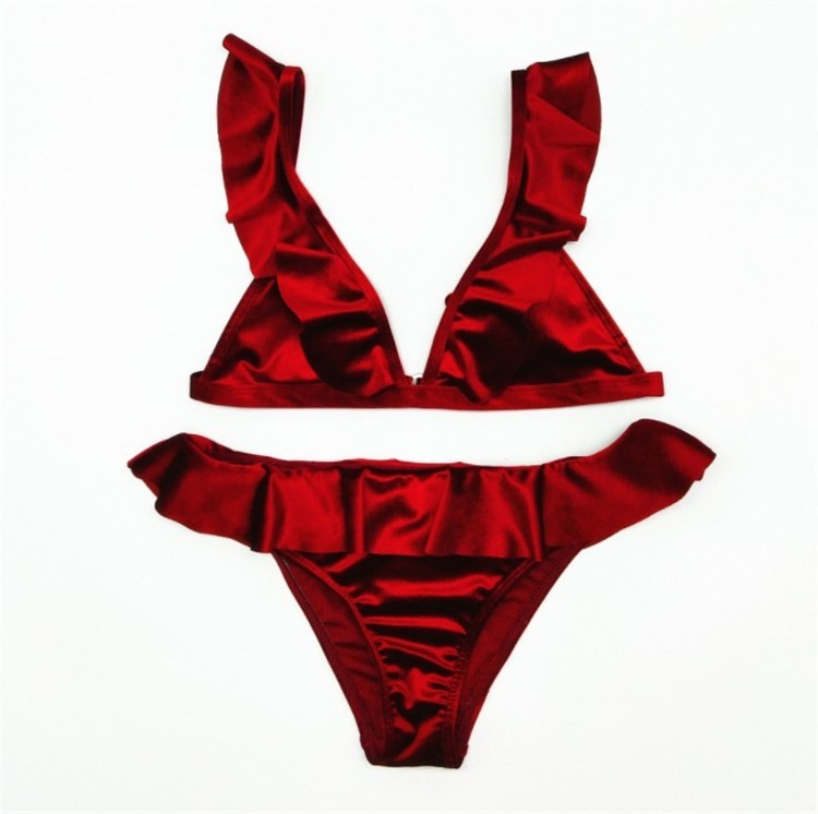 Women Ice Velvet Ruffle Bikini Sets Band