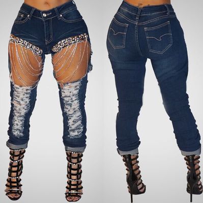 Women ripped chain jeans big size 2xl skinny jeans