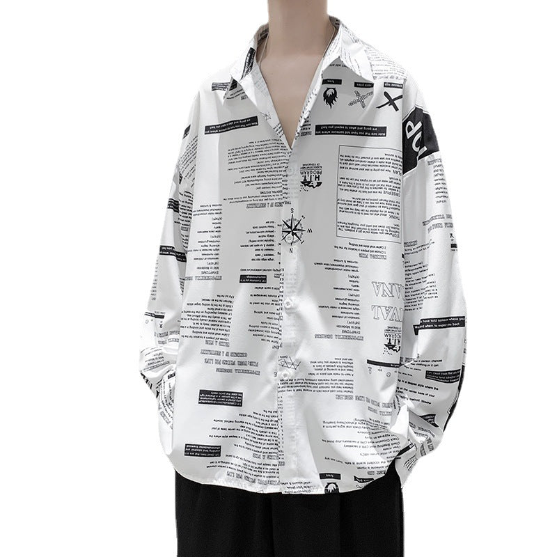 Fashion Drapey Ice Silk Print Teenage Long-sleeved Shirt For Men