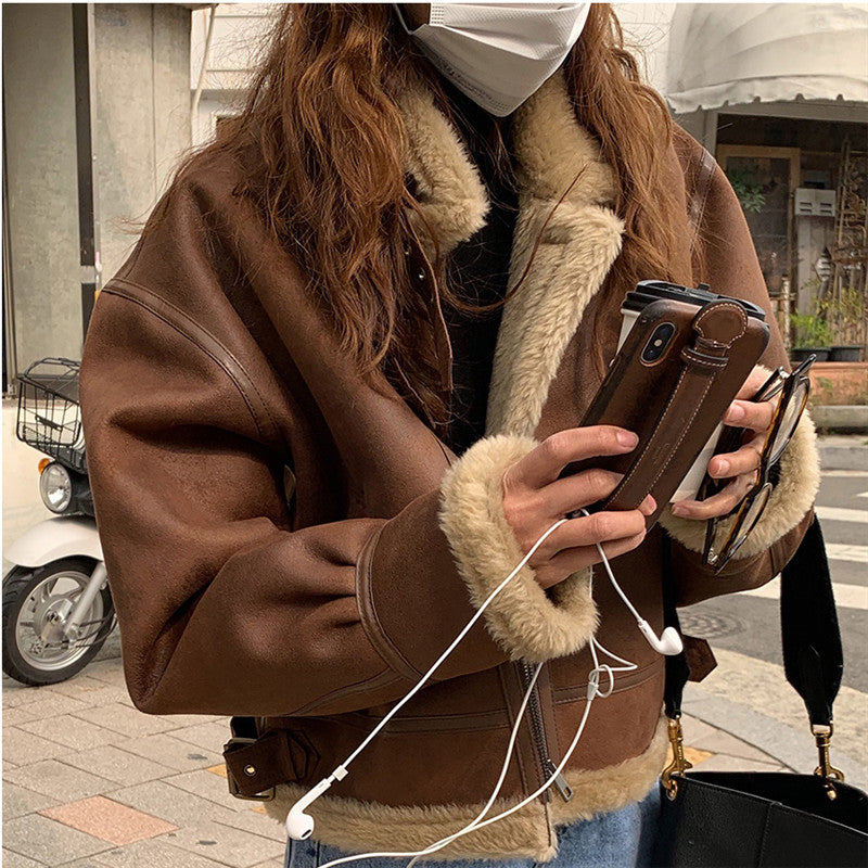 Fashionable Big Lapel Zipper Design Fur One Thickening Warm Motorcycle Short Coat Women