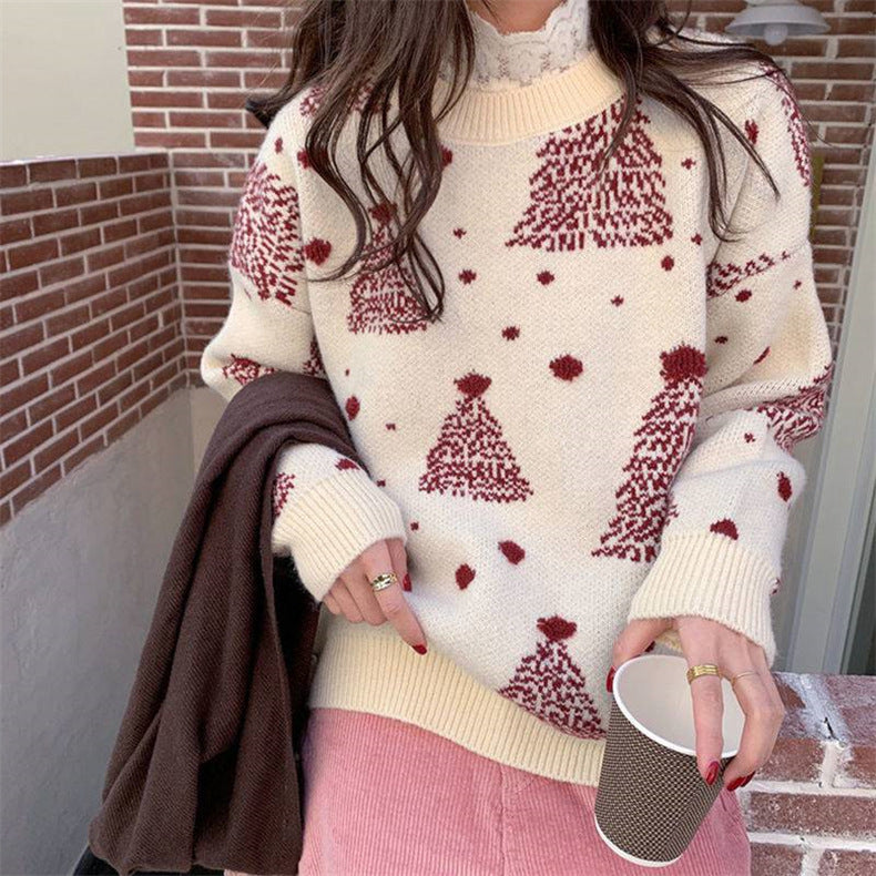 Red Christmas Tree Jacquard Warm Sweater Women