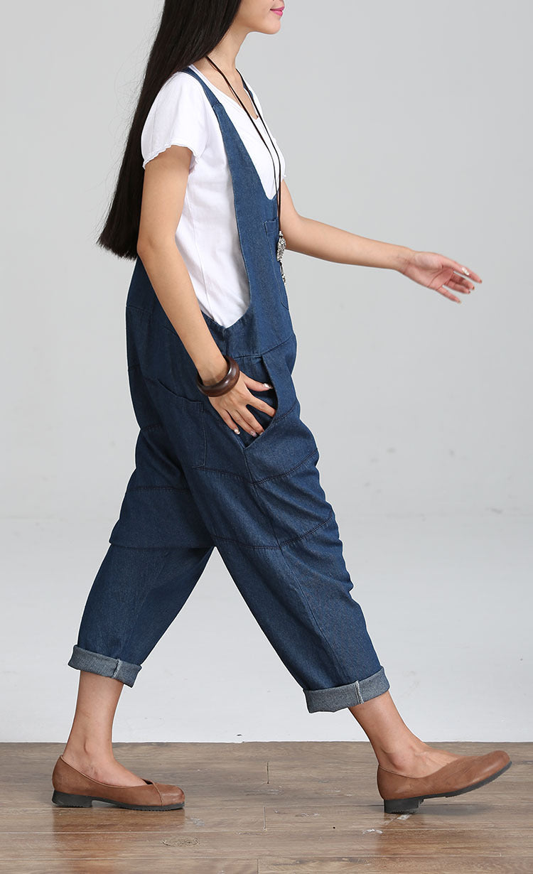 Vintage Women Jumpsuits Palazzo Pants Denim Jumpsuit Harem Pants Straps Pockets Jumpsuits Casual Pants Jumpsuit