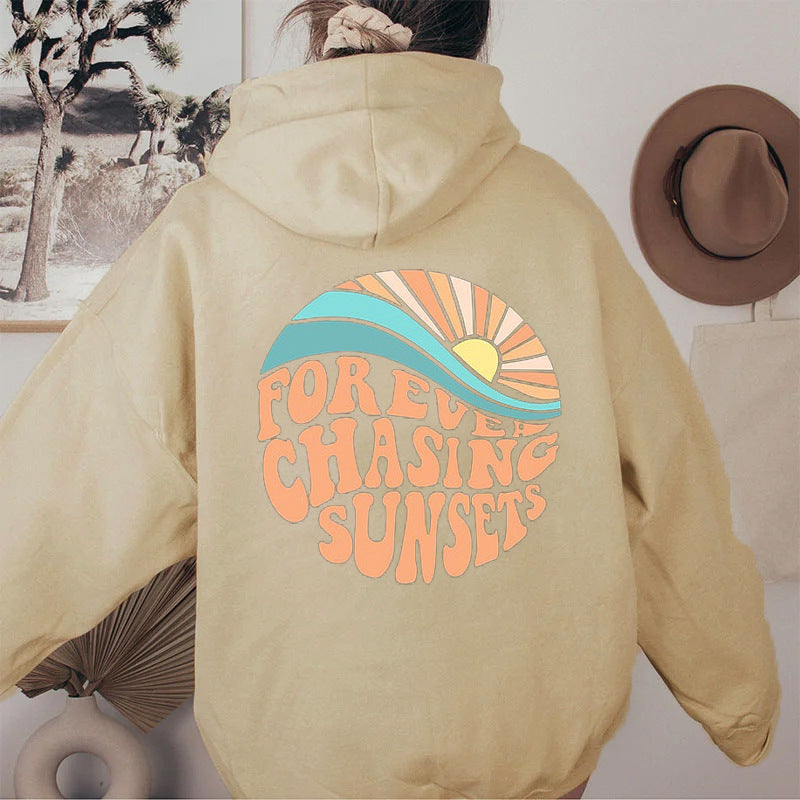 Fleece-lined Sunset Print Kangaroo Pocket Drawstring Hoodie