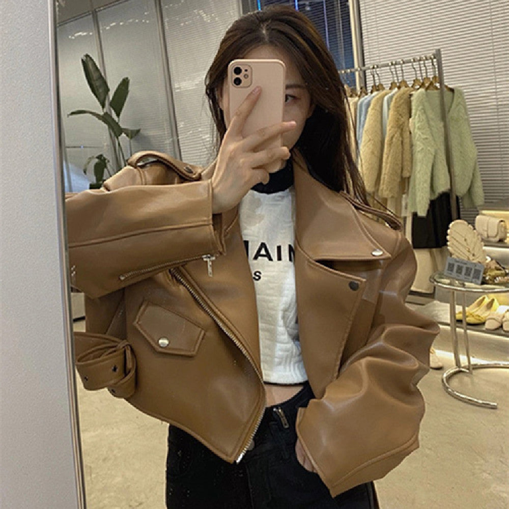 Fashion Brown Motorcycle Leather Coat Women