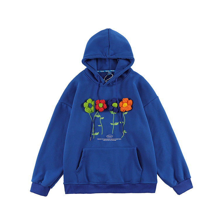 Autumn And Winter New Small Flowers Wool Embroidery Hooded Long-sleeved Tops Men