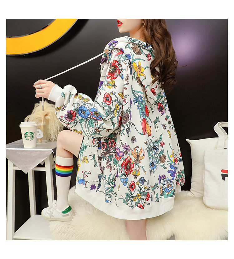 Women Plus Velvet Thick Hooded Hoodies Casual Loose Floral Print