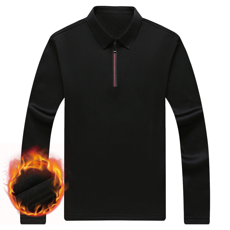 Half Zipper Fleece-lined Thickened Polo Shirt Men Polo Collar Solid Color