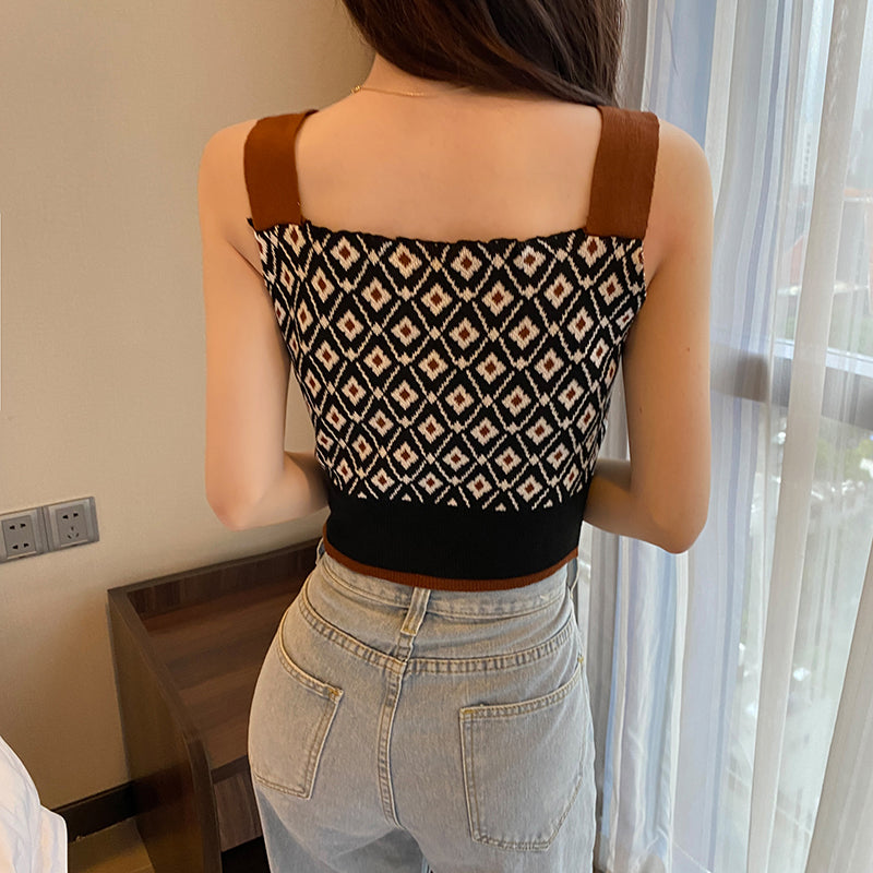 Clavicle Sling Camisole All-match Flower Print Lace-up Sweater Women