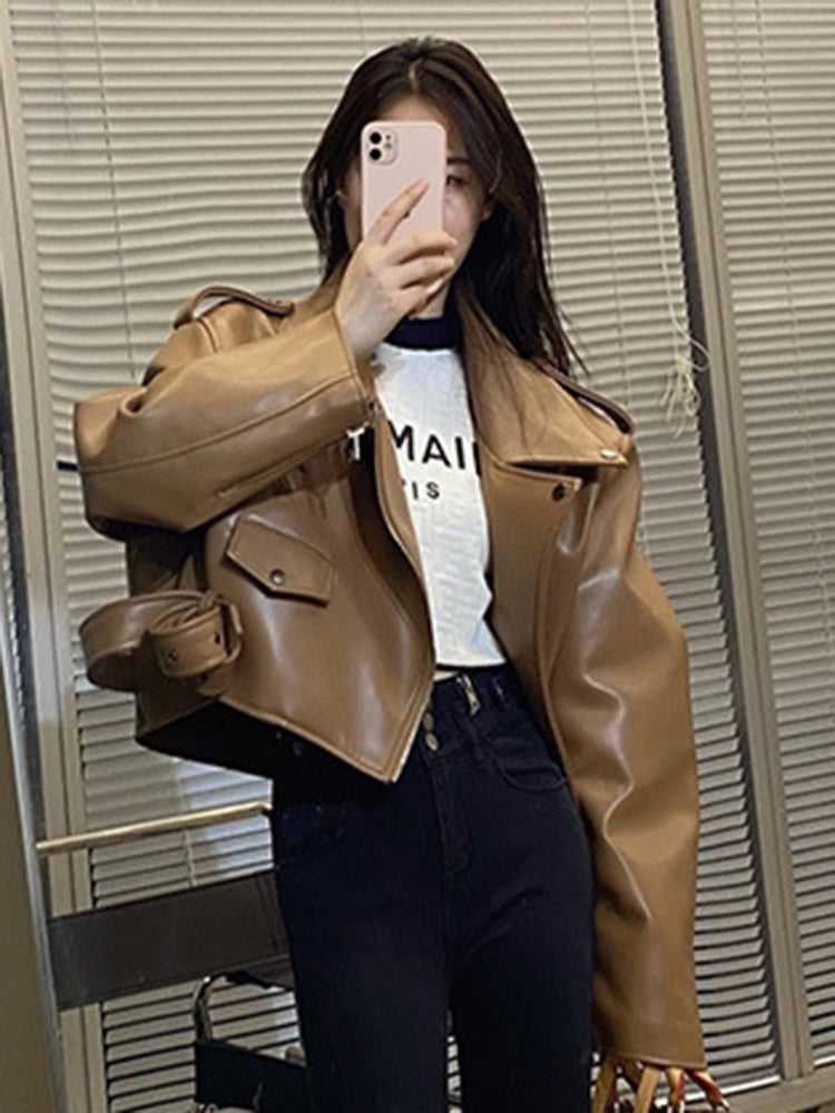 Fashion Brown Motorcycle Leather Coat Women