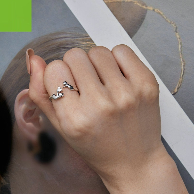 Frolic Cat Argent Pur Open Ring For Women