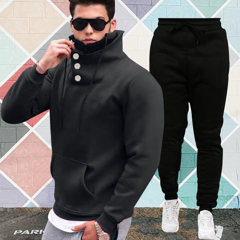 Hooded Pullover High Collar Double Collar Plush Casual Sports Sweater Suit For Men