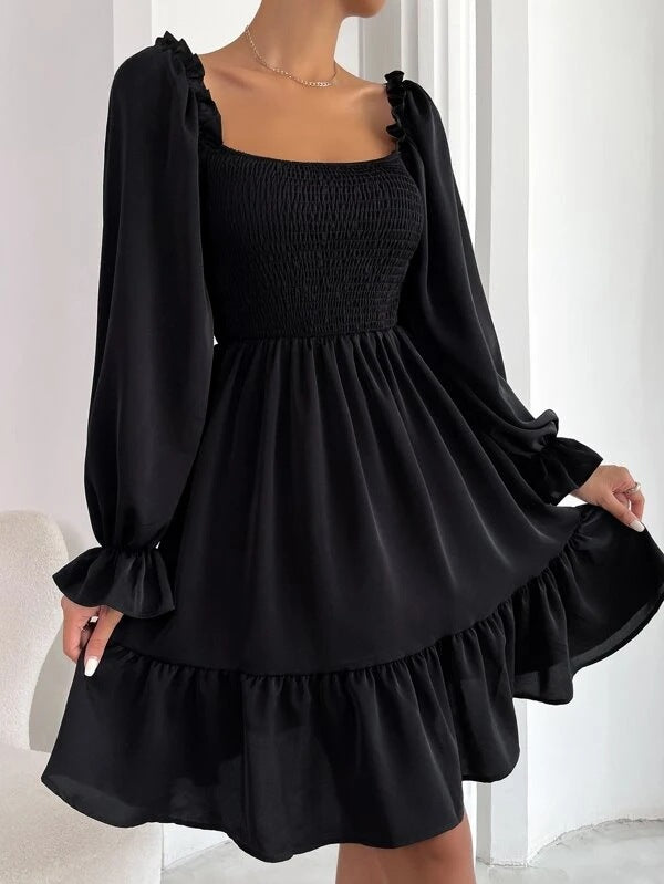 Flared Long Sleeve Dresses Women Square Neck Ruffled Swing Dress