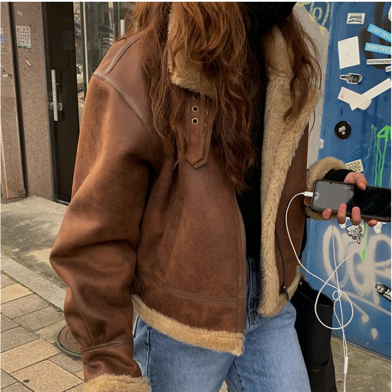 Fashionable Big Lapel Zipper Design Fur One Thickening Warm Motorcycle Short Coat Women