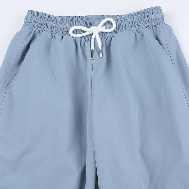 Grey Blue Pleated Drawstring Casual Pants For Women