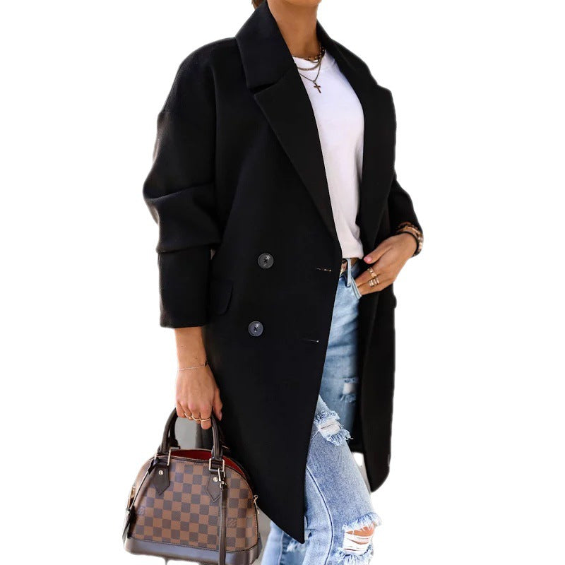 European And American Style Autumn And Winter Simple Long Sleeve Solid Woolen Coat Women