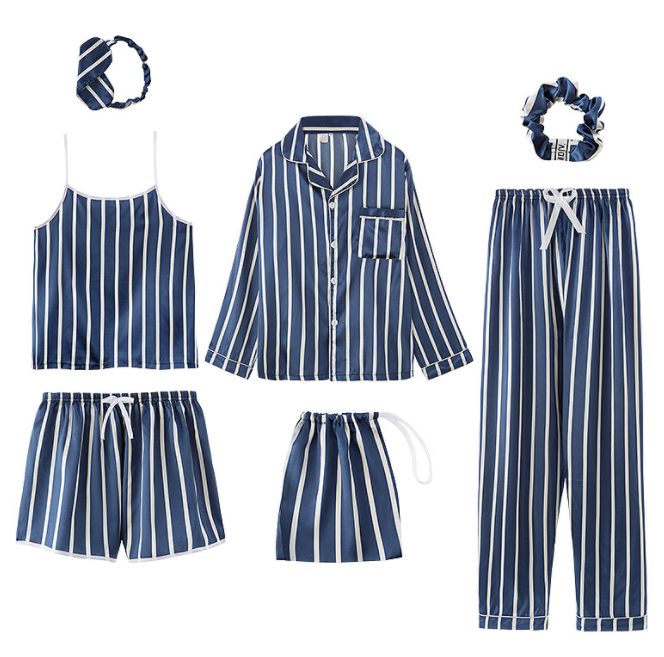 Simulated Silk Striped Seven-piece Loungewear