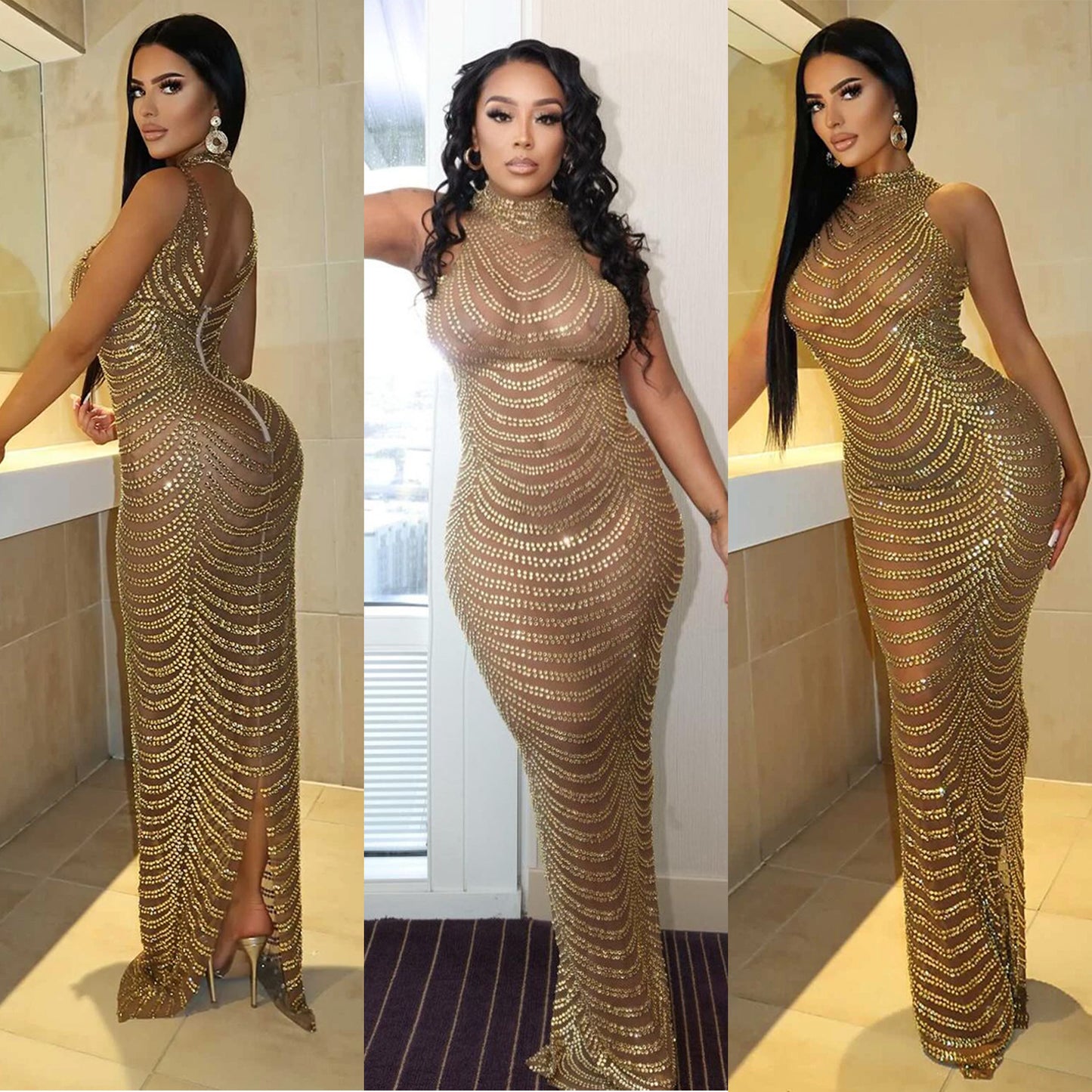 Women's Mesh See-through Nightclub Hot Diamond Dress