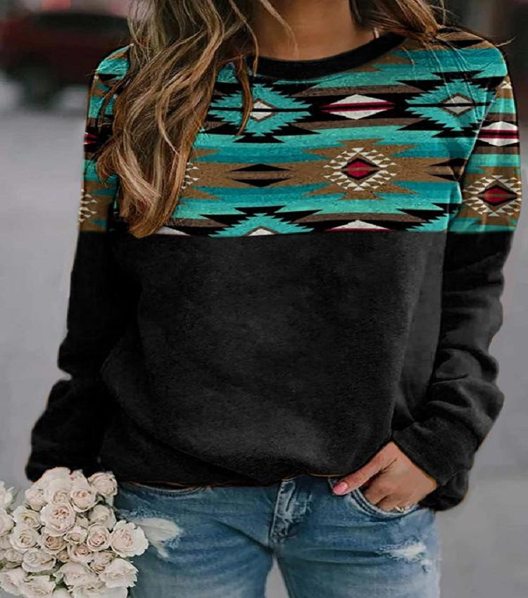 Retro Western Ethnic Geometric Print Ladies Sweatshirt