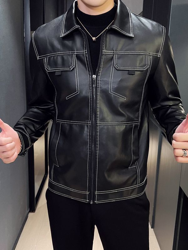 Metal Button Tooling Style Soft Leather Jacket