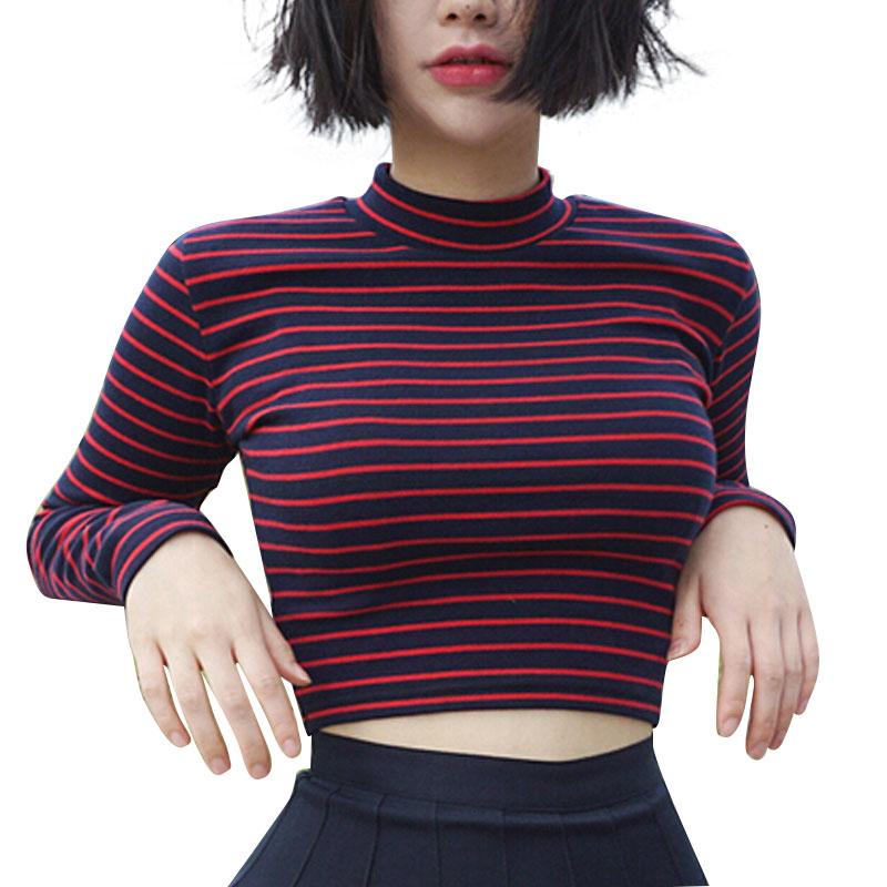 Crop Tops Women 2021 Chic All-match Classic Stripe Slim Short Bustier Crop Top Turtleneck Long Sleeved T-shirt Sexy Shirts Tee