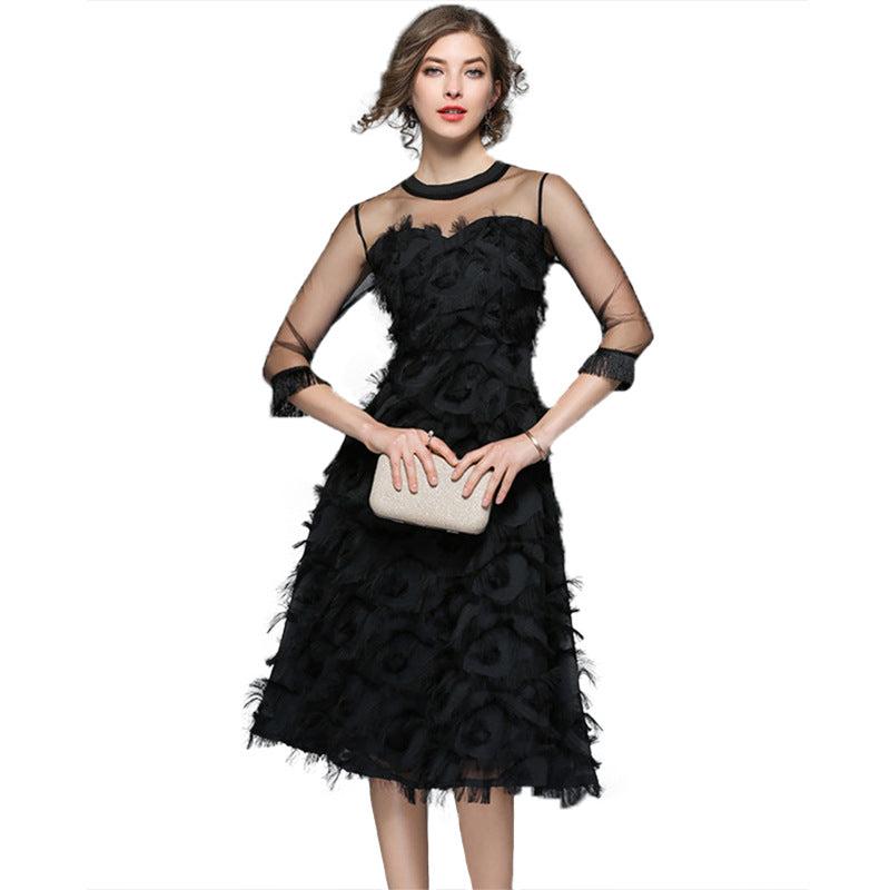 Tassel Feather Dress Mesh PrincessPettiskirt Elegant Lady