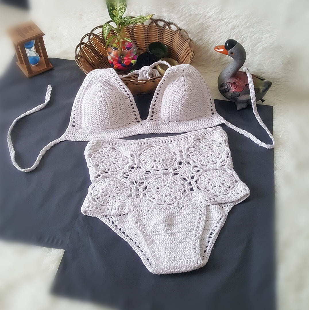 2021 European and American foreign trade new high waisted swimsuit color crochet hook flower lady hollow split bikinis suit