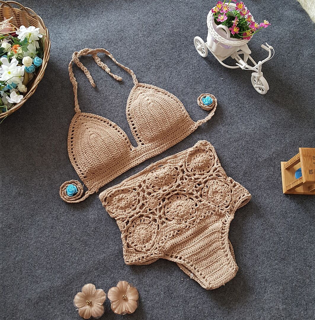 2021 European and American foreign trade new high waisted swimsuit color crochet hook flower lady hollow split bikinis suit