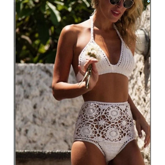 2021 European and American foreign trade new high waisted swimsuit color crochet hook flower lady hollow split bikinis suit