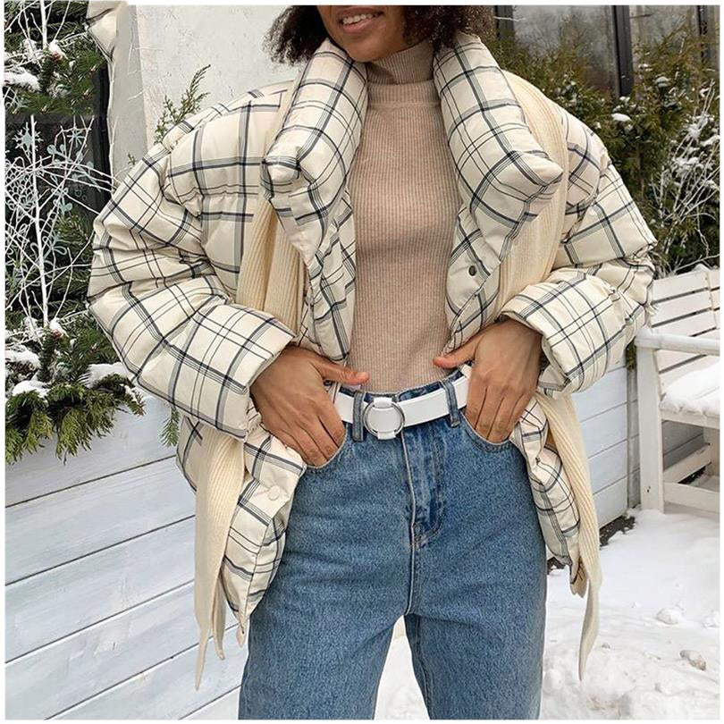 Fashion plaid winter parkas Women Turtleneck warm coat