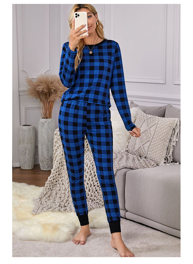 Christmas Long-sleeved Trousers Loungewear Suit Plaid Contrast Color Home Pajamas For Women