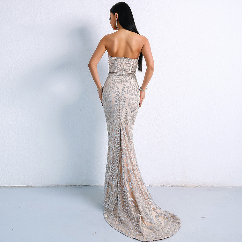 SEXY ELEGANT STRAPLESS GEOMETRIC EVENING DRESS