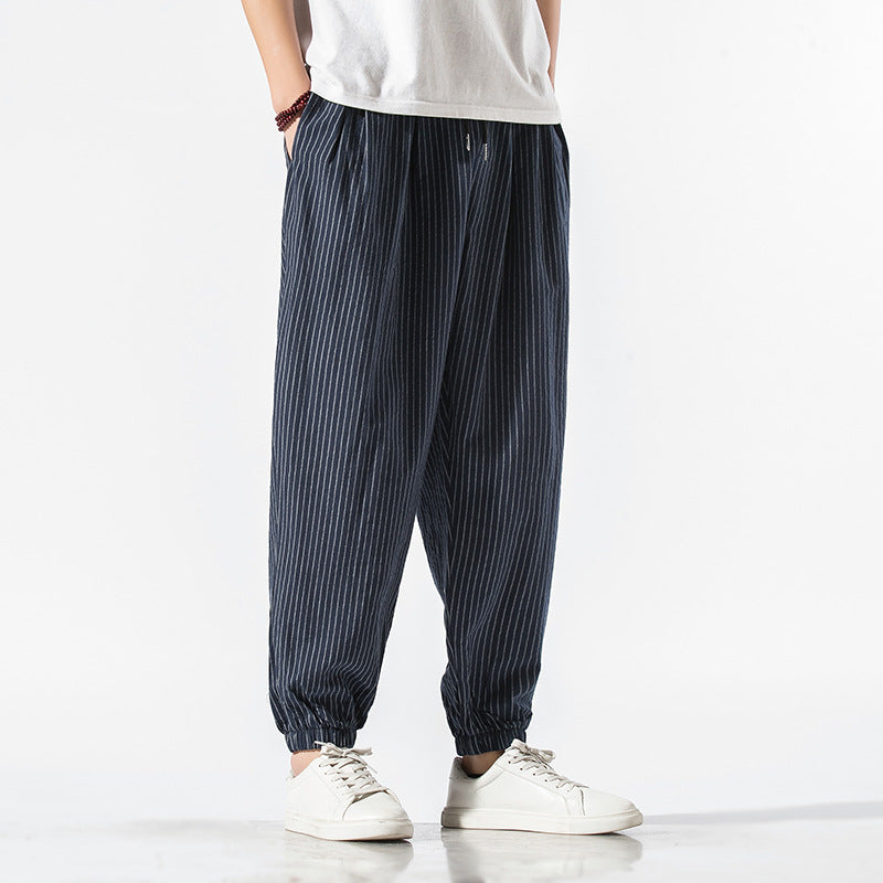 Chinese Style Cotton And Linen Casual Pants Men's Loose Striped Wide-leg Lamp