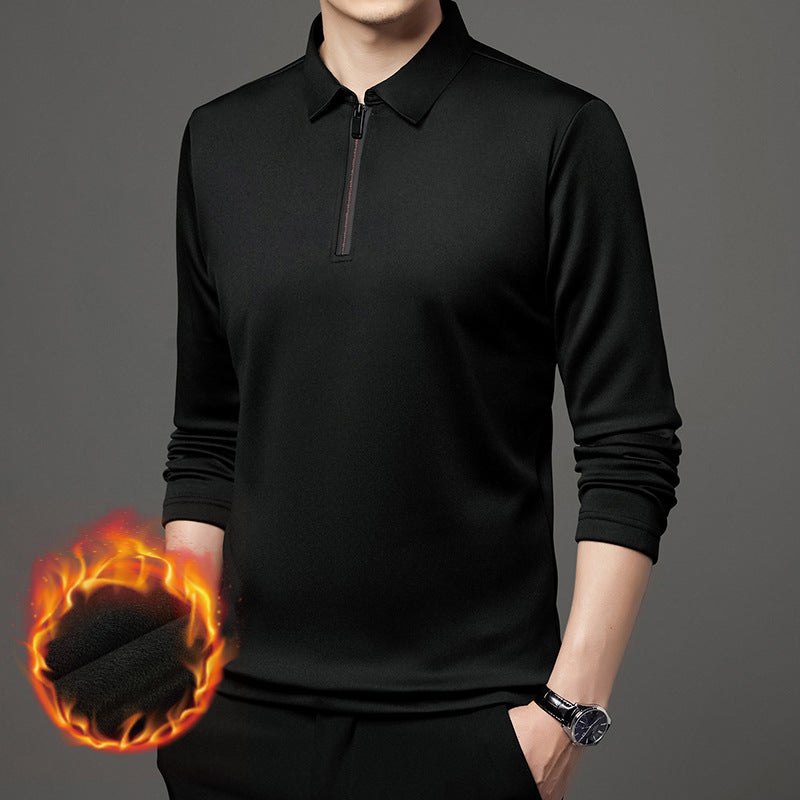 Half Zipper Fleece-lined Thickened Polo Shirt Men Polo Collar Solid Color