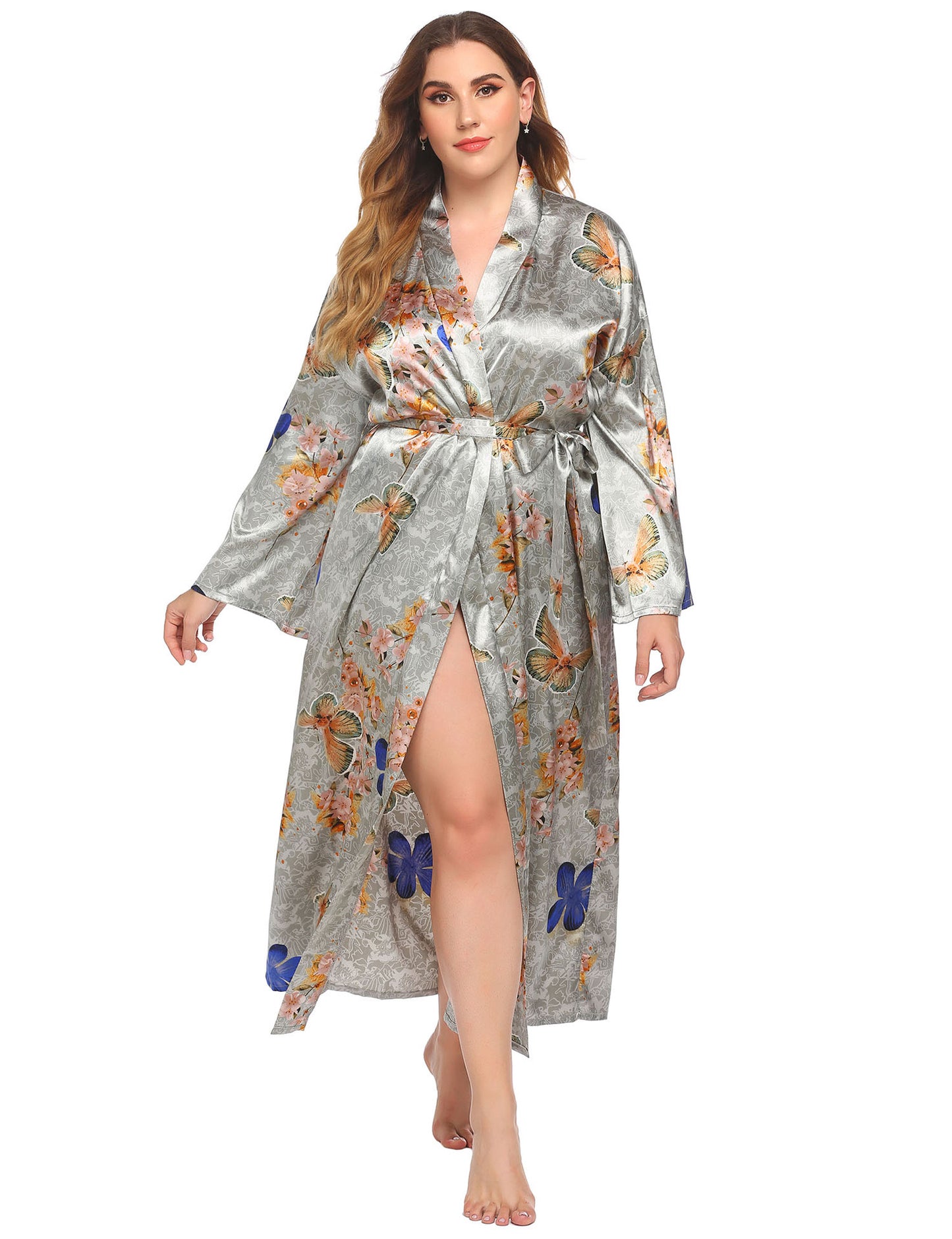 Long Robes For Women Flower Print Bathrobe V-neck Silk Sleepwear