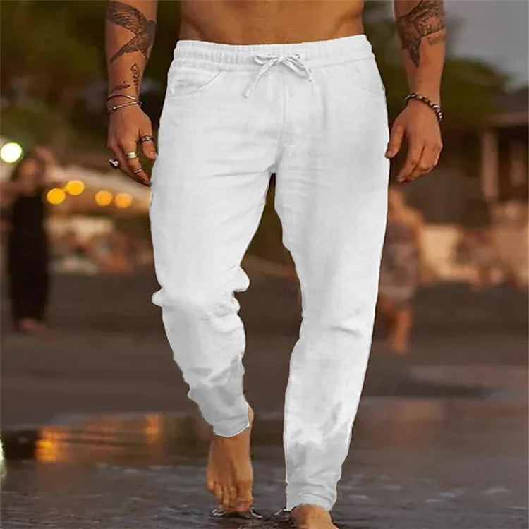 Men's Solid Color Drawstring Cotton Linen Loose Casual Beach Pants