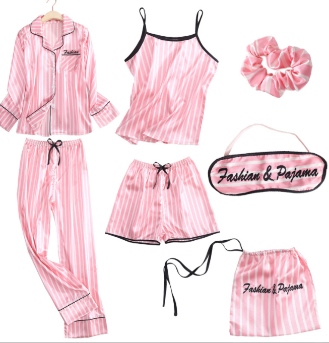 Simulated Silk Striped Seven-piece Loungewear